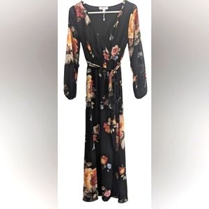 NWOT Club Soda navy floral blue pink grey orange design wrap v neck sheer lined